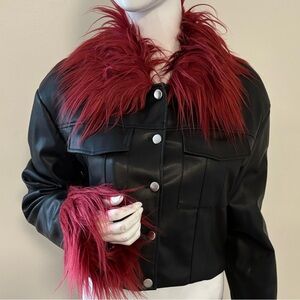 Dolls Kill x Bratz Collab Black Vegan Faux Leather Jacket w Red Faux Fur Trim